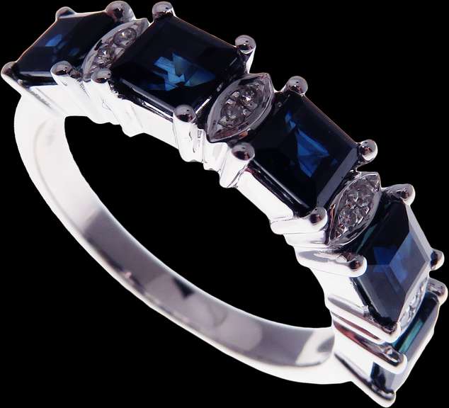 Deep Blue Sapphire 18k White Gold Anniversary Ring with Diamonds
