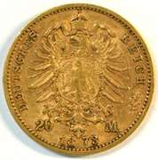 Rare 1873-E Germany 20 Marks Gold Piece (Saxony). Nice