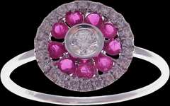 Circular Diamond Center 18k White Gold Ring Flooded with Rubies