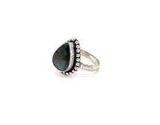 Tear-Drop Blue-Gray Sheen Labradorite Stone in Tibetan Silver Beaded Ring