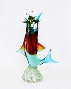 Vintage Mid Century Murano Heavy Blown Glass Fish Vase in Tones of Aqua Blue and Redish Brown, With Clear Base