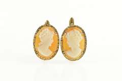 14K Yellow Gold Ornate Carved Shell Cameo Lever Back Classic Earrings