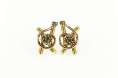 14K Yellow Gold Victorian Emerald Seed Pearl Flower Swirl Bar Earrings