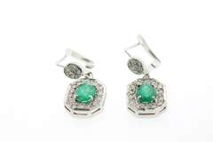 Brilliant 18k White Gold Emerald Earrings surrounded by Diamonds