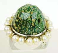Huge Green Ocean Jasper & Pearls Sterling Ring, Size 7.5