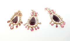 Royal hand made 18k Gold Ruby and Tourmaline and Topaz Estate Earring & Pendant Chandellier Style Jewelry Suite Set