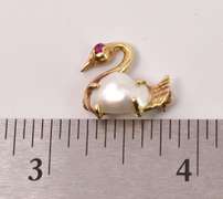 Fabulous Pearl and Ruby Swan Pin in 14K Yellow Gold