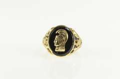 10K Yellow Gold Black Onyx Trojan Soldier Overlay Statement Ring