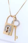 10K YELLOW GOLD BOX LINK WITH LOCK AND KEY DIAMOND PENDANTS