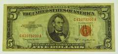 1953-C $5 Five Dollars Red Seal Lincoln Bank Note US Bill