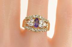 10K Yellow Gold Marquise Amethyst CZ Encrusted Statement Ring