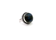 Round Cabochon Blue-Gray Sheen Labradorite Stone in Tibetan Silver in Beaded Energy Ring