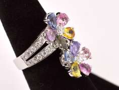 Stunning Floral Multi-Color Sapphire and Diamond Ring in 18K White Gold
