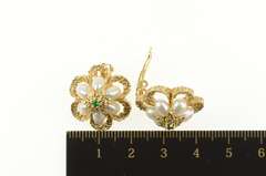 14K Yellow Gold Retro Pearl Emerald Flower Ornate Clip Back Earrings