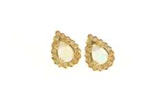 14K Yellow Gold Pear Natural Opal Diamond Halo Stud Earrings