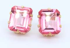 Dreamy Yellow Gold Pink Topaz Emerald Cut Stud Earrings