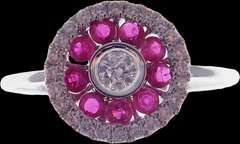 Circular Diamond Center 18k White Gold Ring Flooded with Rubies