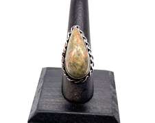 Unakite Jasper Tear-Drop Shaped Statement in Rope Designed Tibetan Silver Ring