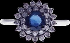 18k White Gold Sapphire Halo Ring surrounded with Diamonds