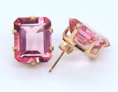 Dreamy Yellow Gold Pink Topaz Emerald Cut Stud Earrings