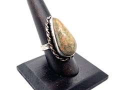 Unakite Jasper Tear-Drop Shaped Statement in Rope Designed Tibetan Silver Ring