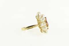 14K Yellow Gold Ruby Pearl Halo Cluster Statement Cocktail Ring