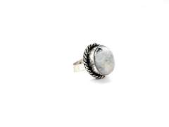 Cabochon Rainbow Moonstone with Blue Sheen Labradorite in Tibetan Silver Energy Rope Design Ring
