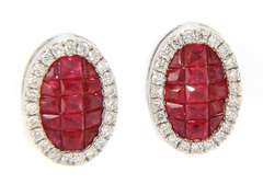 Brand New Invisible Set Ruby and Diamond Frame Stud Earrings