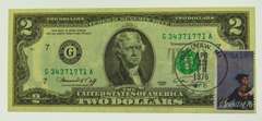 1976 First Day Issue Bicentennial UNC $2 Dollar Bill With Cancellation Stamp