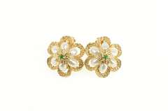 14K Yellow Gold Retro Pearl Emerald Flower Ornate Clip Back Earrings
