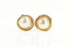 14K Yellow Gold Retro Pearl Diamond Accent Twist Clip Back Earrings