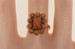 14K Yellow Gold Ornate Victorian Carved Coral Halo Cocktail Ring