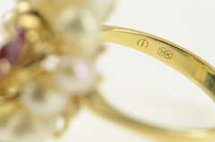 14K Yellow Gold Ruby Pearl Halo Cluster Statement Cocktail Ring