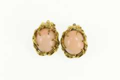 14K Yellow Gold Oval Coral Cabochon Vine Swirl Clip Back Earrings
