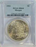 Nearly Gem BU 1921 Morgan Silver Dollar. PCGS MS64