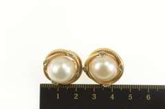 14K Yellow Gold Retro Pearl Diamond Accent Twist Clip Back Earrings