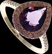 Intoxicating Violet Teardrop Amethyst 18k Gold Ring edged with Diamonds