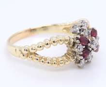 Handsome Yellow Gold Marquise Ruby and Diamond Cluster Split Shank Ring