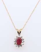 Gorgeous Yellow Gold Ruby and Diamond pendant on Chain w Matching Earrings
