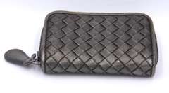 Bottega Veneta Metallic Silver Intrecciato Leather Zip Around Coin Purse