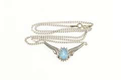 10K White Gold Oval Blue Topaz Diamond Accent Chevron Necklace