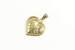 10K Yellow Gold Rounded Heart Etched Vine Pattern Love Pendant