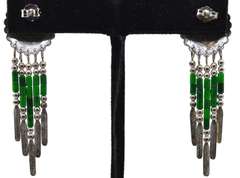 Silver Earrings With Green Beads Dangling From Them