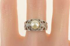 10K White Gold Pearl Filigree Diamond Scroll Engagement Ring