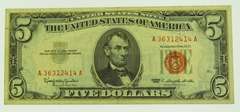 1963 $5 Five Dollars Red Seal Lincoln Bank Note US Bill