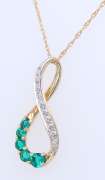 Stunning Yellow Gold Synthetic Emerald and Diamond Infinity Pendant on Chain