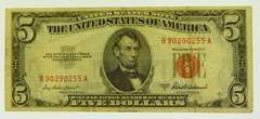 1953-A $5 Five Dollars Red Seal Lincoln Bank Note US Bill