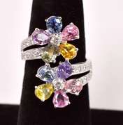 Stunning Floral Multi-Color Sapphire and Diamond Ring in 18K White Gold