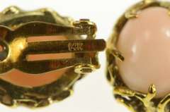 14K Yellow Gold Oval Coral Cabochon Vine Swirl Clip Back Earrings