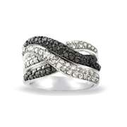 1/2ct Black & White Diamond Crossover Twist Silver Tone Band Ring